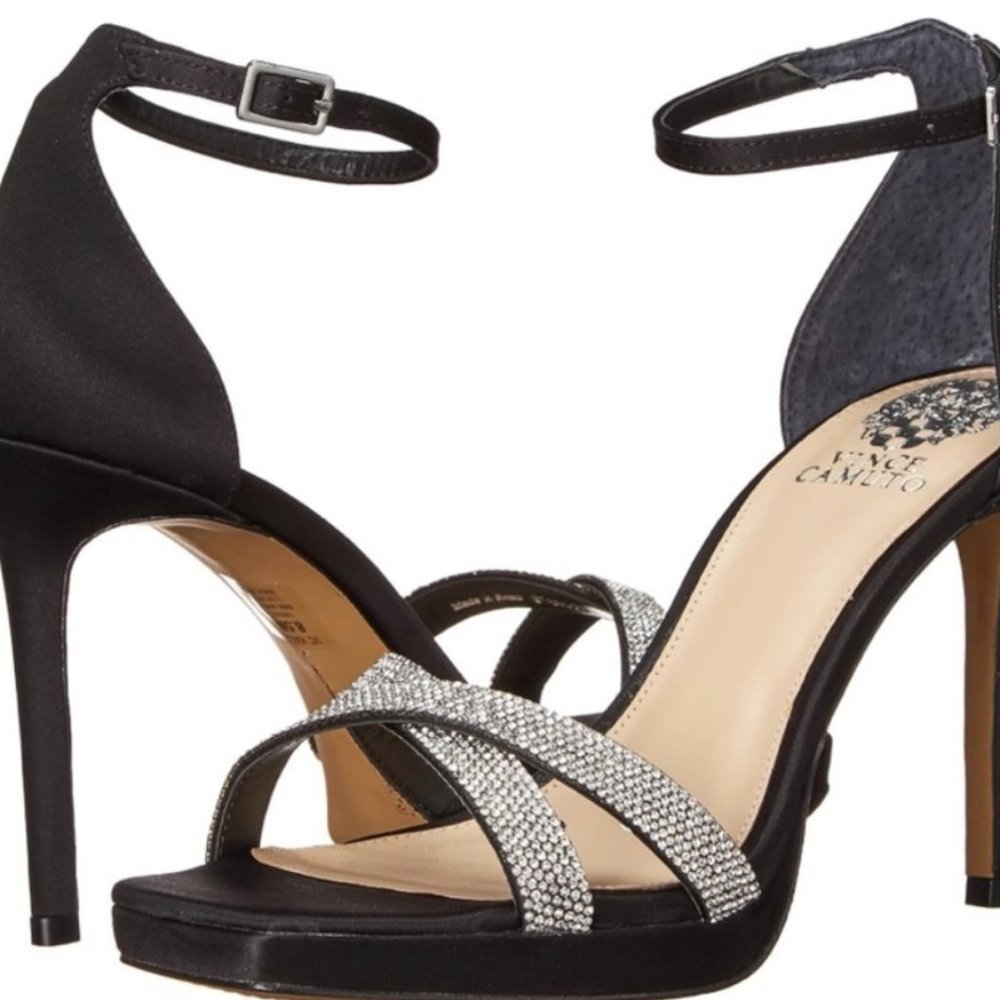 Vince Camuto Kalvira2 Black Satin Stiletto with Rhinestone Embellishment Size 9
